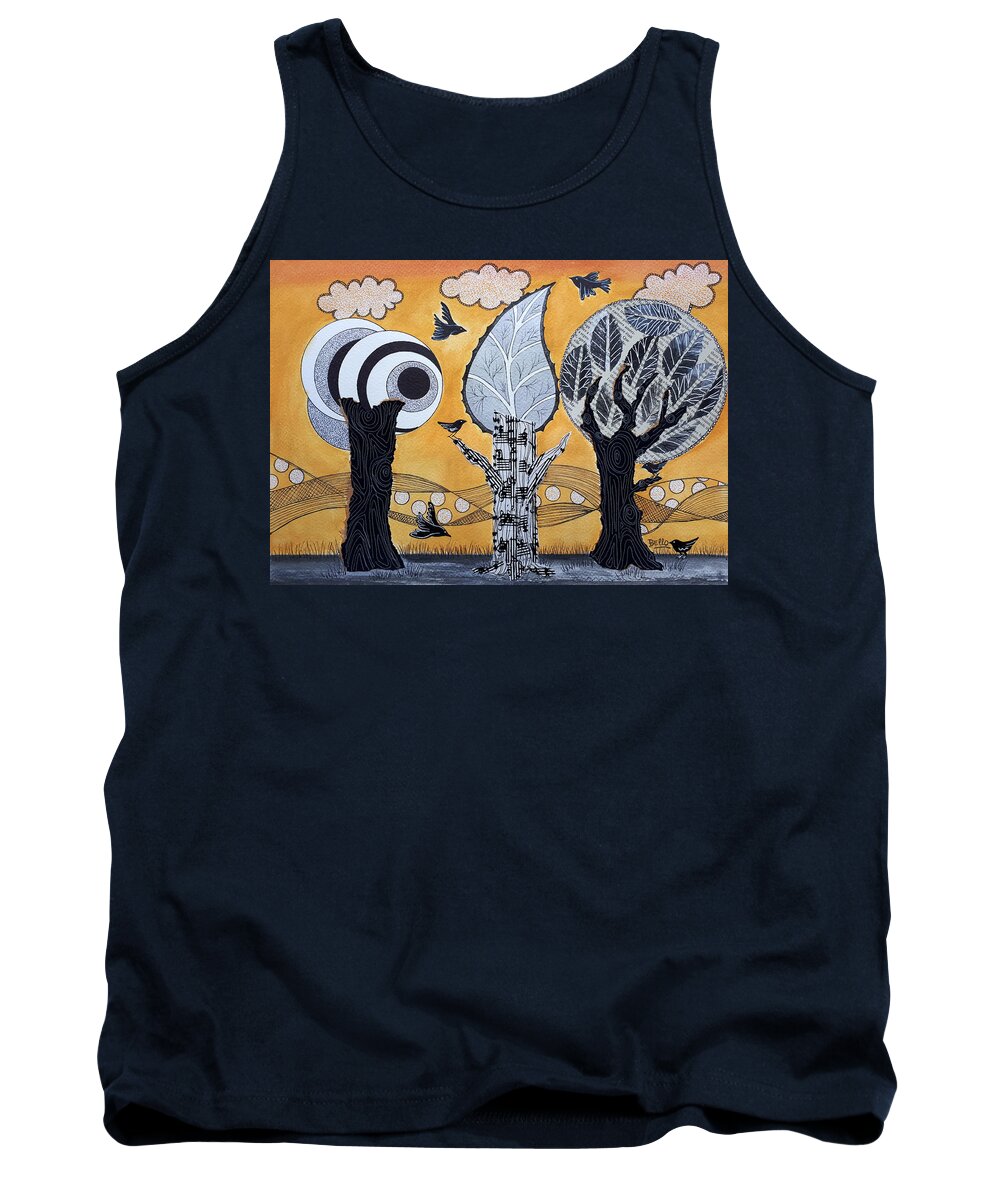 Illustration Tank Top featuring the painting Lovely trees and birds. by Graciela Bello