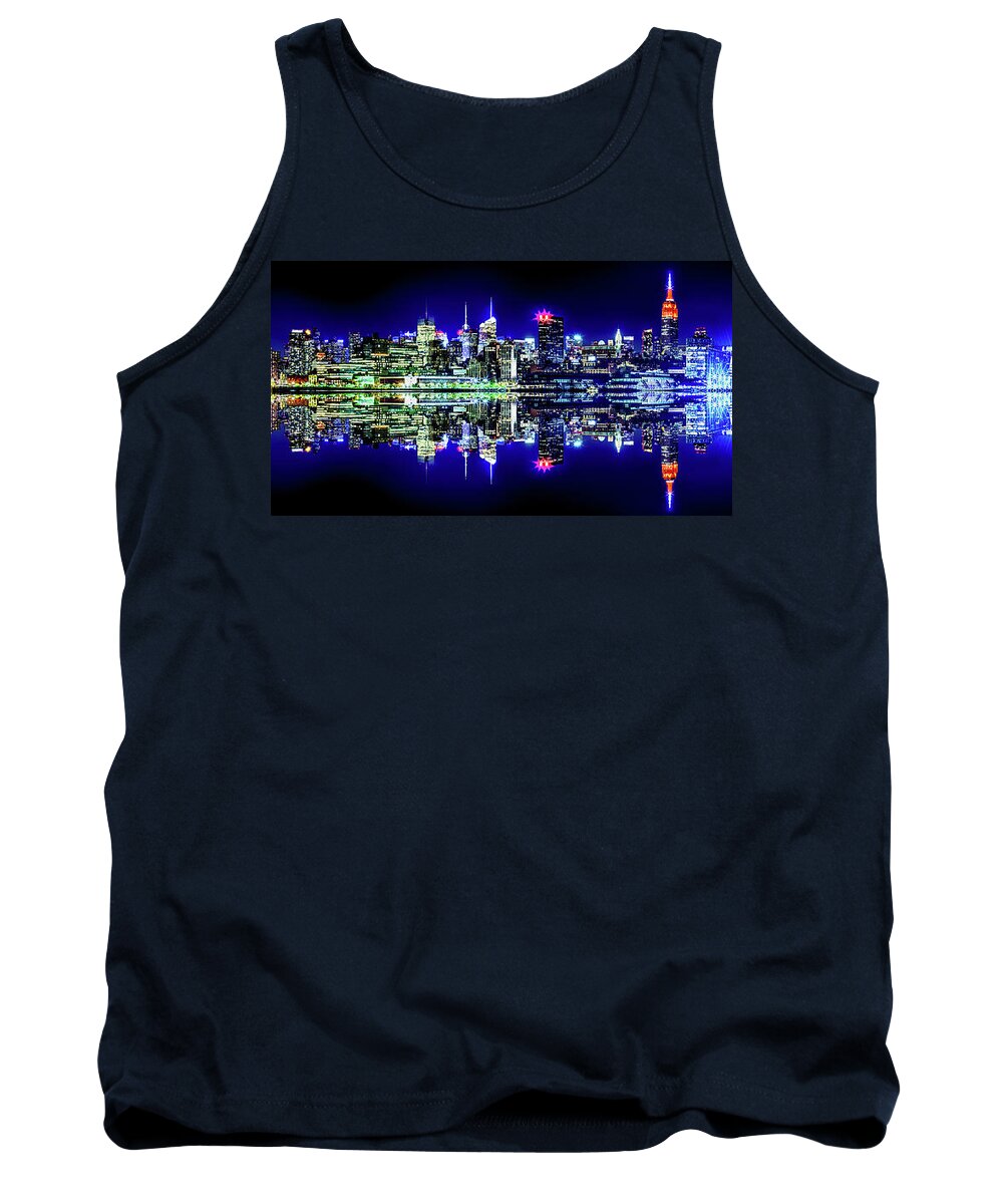 New York City Skyline At Night Tank Top featuring the photograph Manhattan Cityscape Reflections by Az Jackson