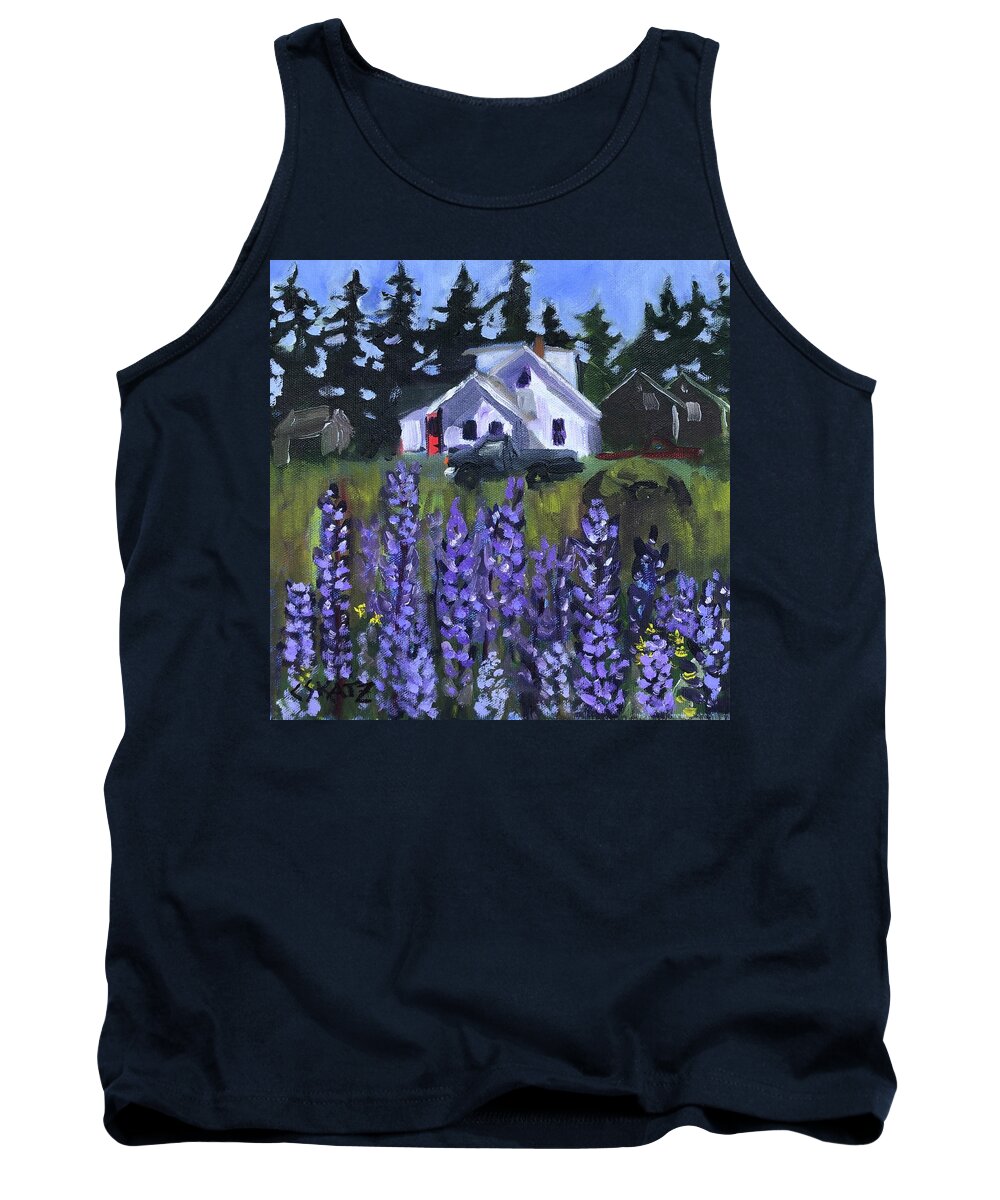 Maine Tank Top featuring the painting Matinicus House with Lupine by Cyndie Katz
