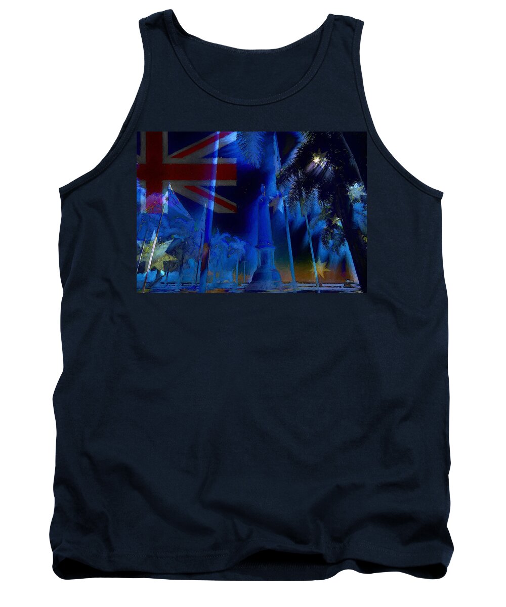 War Memorial Tank Top featuring the mixed media May They Be Bathed In His Light Anzac War Memorial Cairns by Joan Stratton
