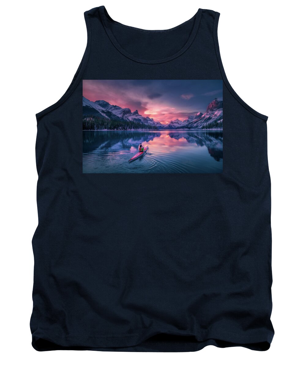 Maligne Tank Top featuring the photograph Morning Paddling at Spirit Island by Henry w Liu