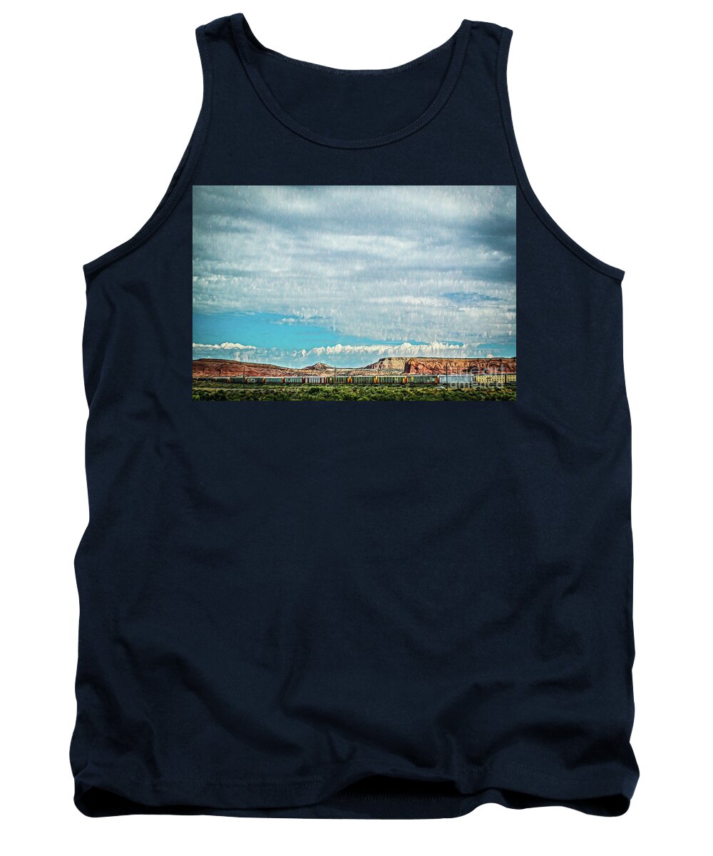 Ssouthwest Tank Top featuring the photograph Panoramic of Train on tracks in southwestern United States with by Susan Vineyard