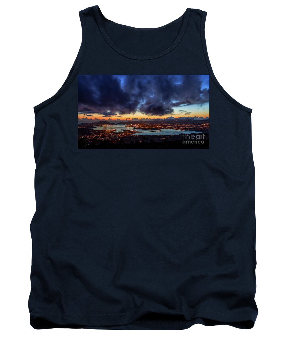 Port Tank Top featuring the photograph Panoramic View of Ferrol Estuary with Bridge and Shipyards Stormy Sky at Dusk La Corua Galicia by Pablo Avanzini