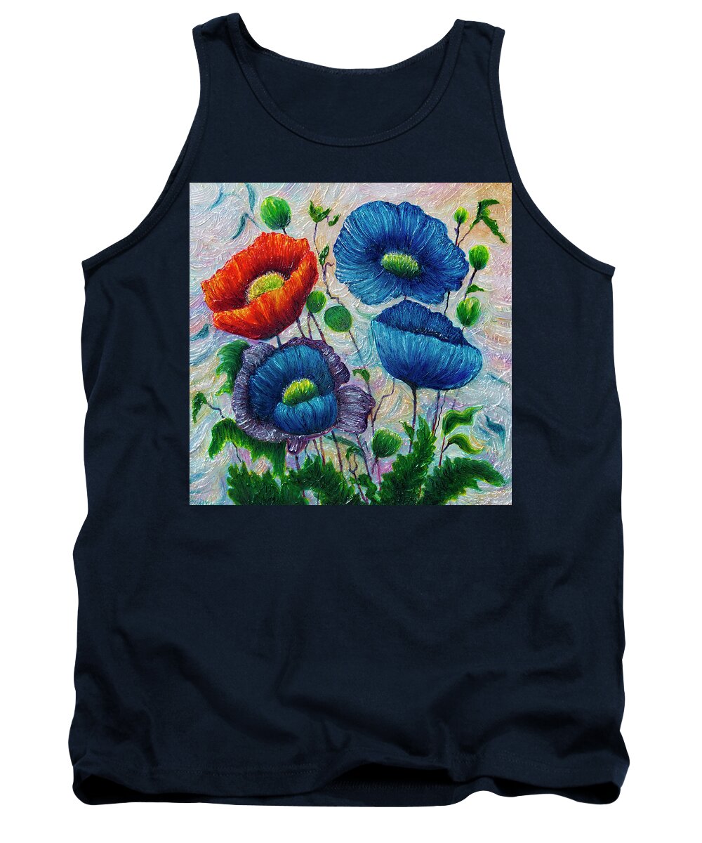 Palette Knife Tank Top featuring the painting Poppy Dream in Blue and Red by Lena Owens - OLena Art Vibrant Palette Knife and Graphic Design