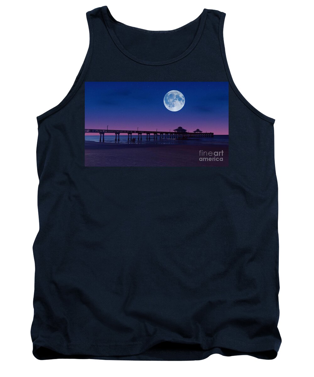 Digital Art Tank Top featuring the photograph Moon Over Pier by Claudia Zahnd-Prezioso