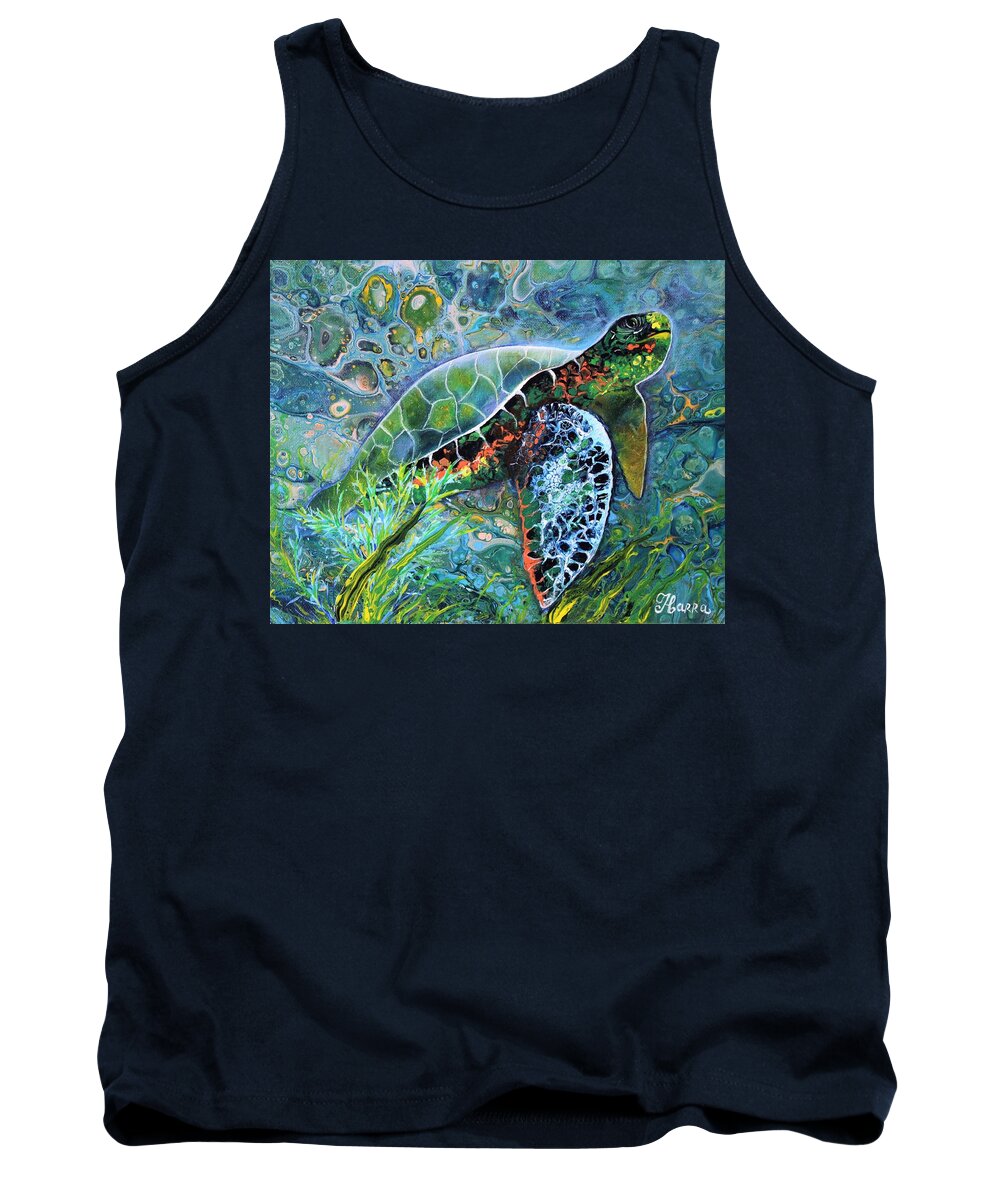 Turtle Wall Art Home Decor Ocean Water Blue Water Abstract Painting Pouring Art Acrylic Painting Gallery Painting On Canvas Art For Sale Tank Top featuring the painting Turtle by Tanya Harr