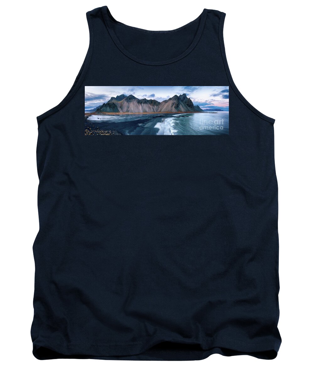 Vestrahorn Tank Top featuring the photograph Vestrahorn mountain panorama. High angle drone shot. by Jane Rix