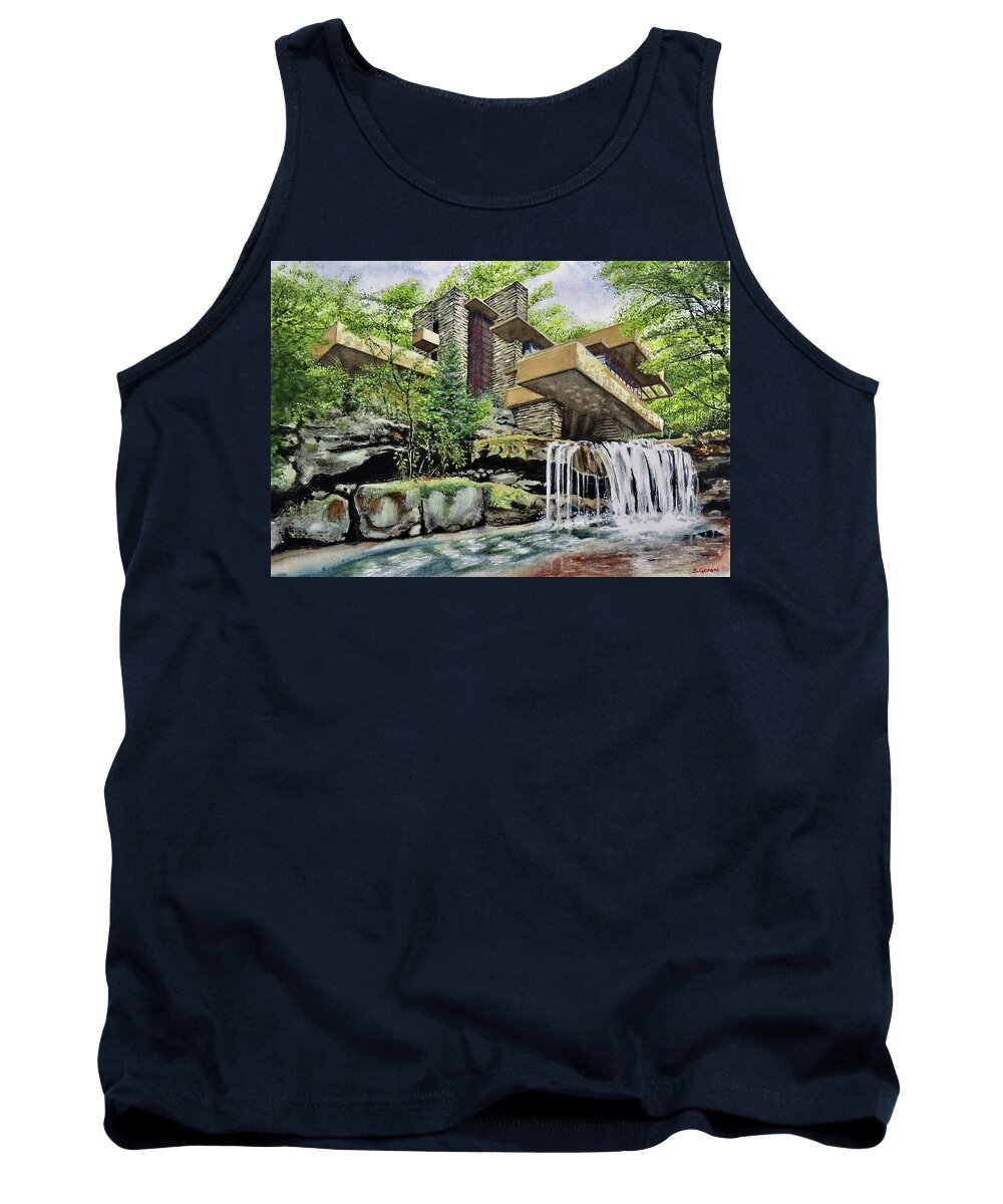 Painting Tank Top featuring the painting Wright's Fallingwater by Geni Gorani