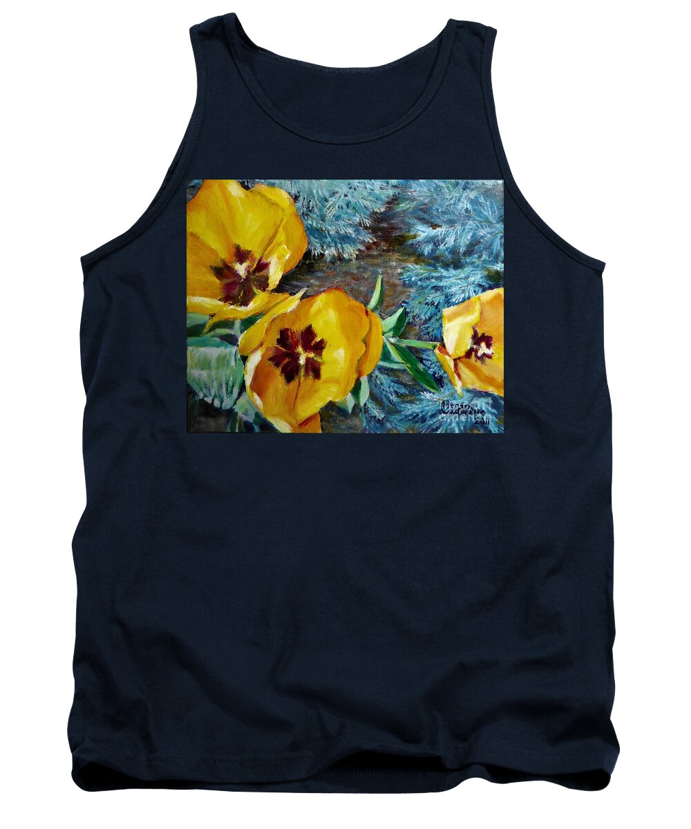 Yellow Tank Top featuring the painting Yellow Tulips by Merana Cadorette
