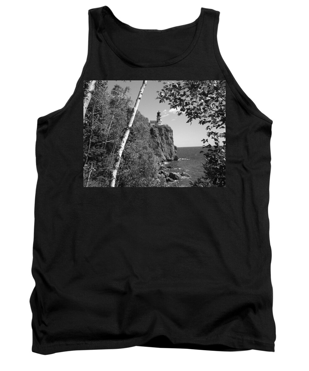 Lighthouse Tank Top featuring the photograph Split Rock black and white by Bonfire Photography