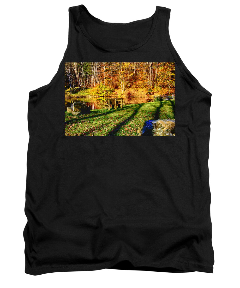 Autumn Forest Tank Top featuring the photograph The Bench at Seven Springs #1 by Douglas Barnard