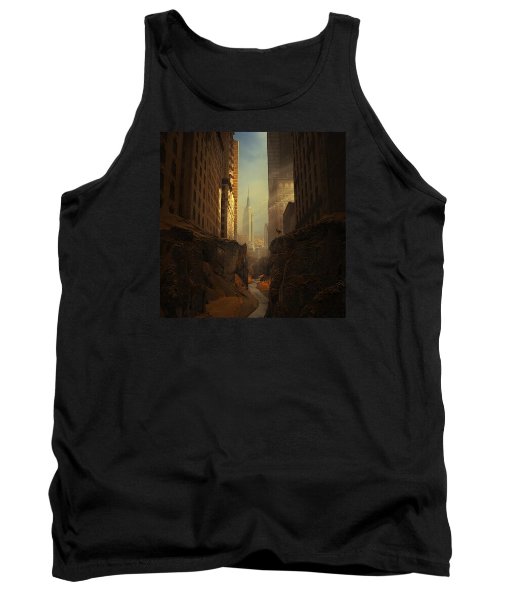 City Ruins Apocalypse Buildings Sun Animal Sunbeams Abandoned Ny Landscape Photomontage Rocks Loneliness Creek Walls Birds Sciencefiction Fantasy Newyork Warm Shadows Nature Architecture Photomontage Photomanipulation Tank Top featuring the photograph 2146 by Michal Karcz