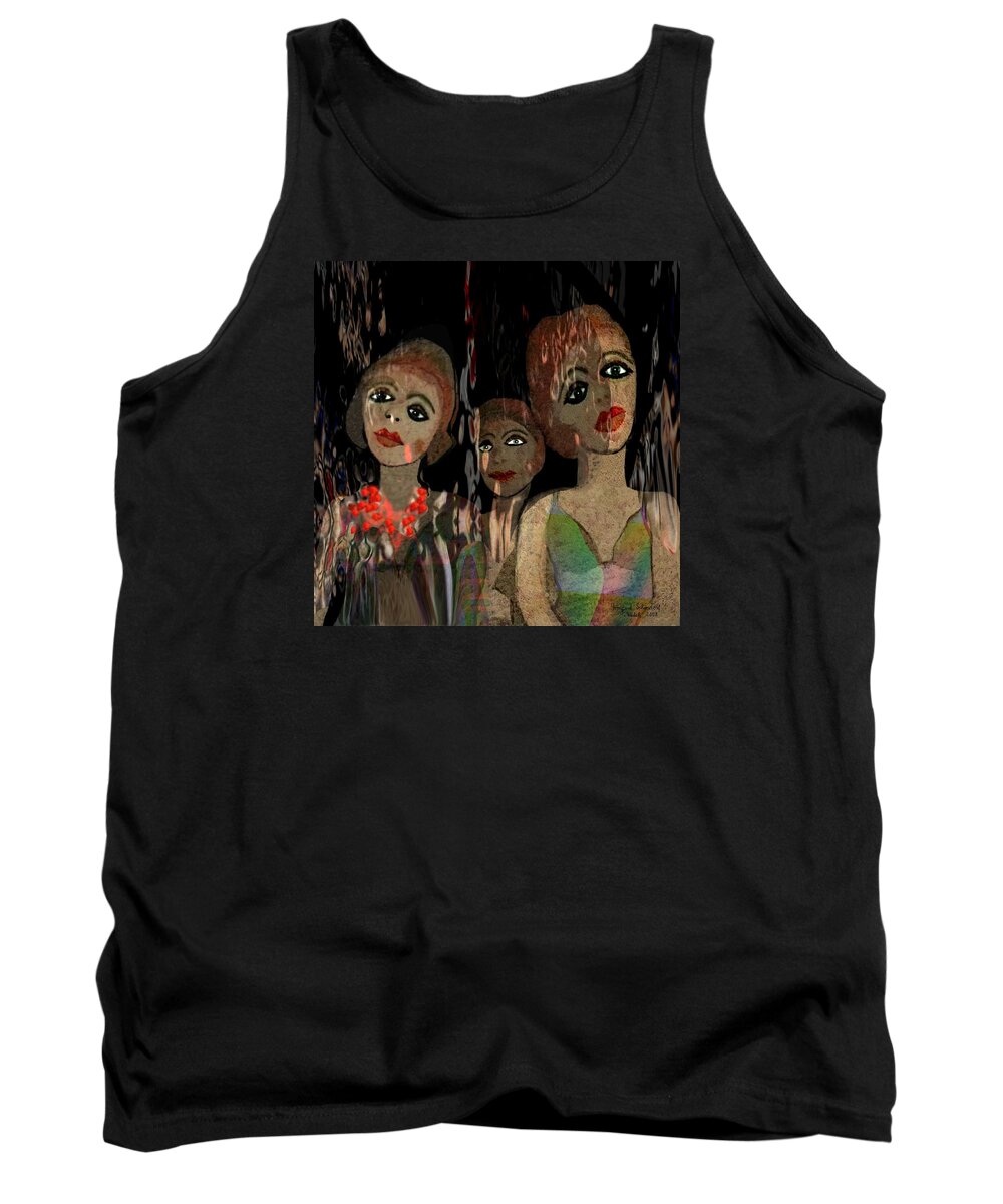 Girl Tank Top featuring the digital art 562 - Three young girls  by Irmgard Schoendorf Welch