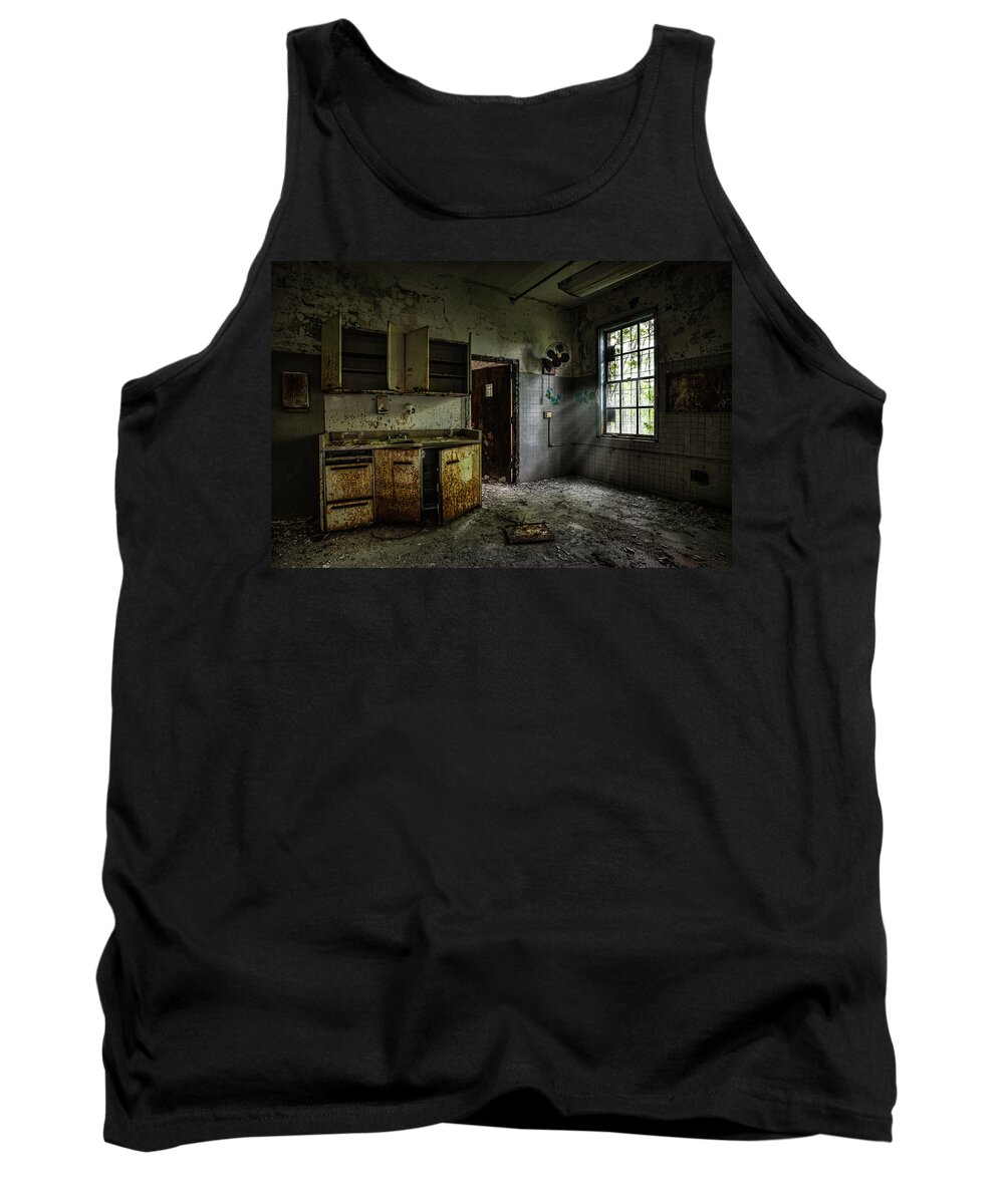 Spooky Places Tank Top featuring the photograph Abandoned building - Old asylum - Open cabinet doors by Gary Heller