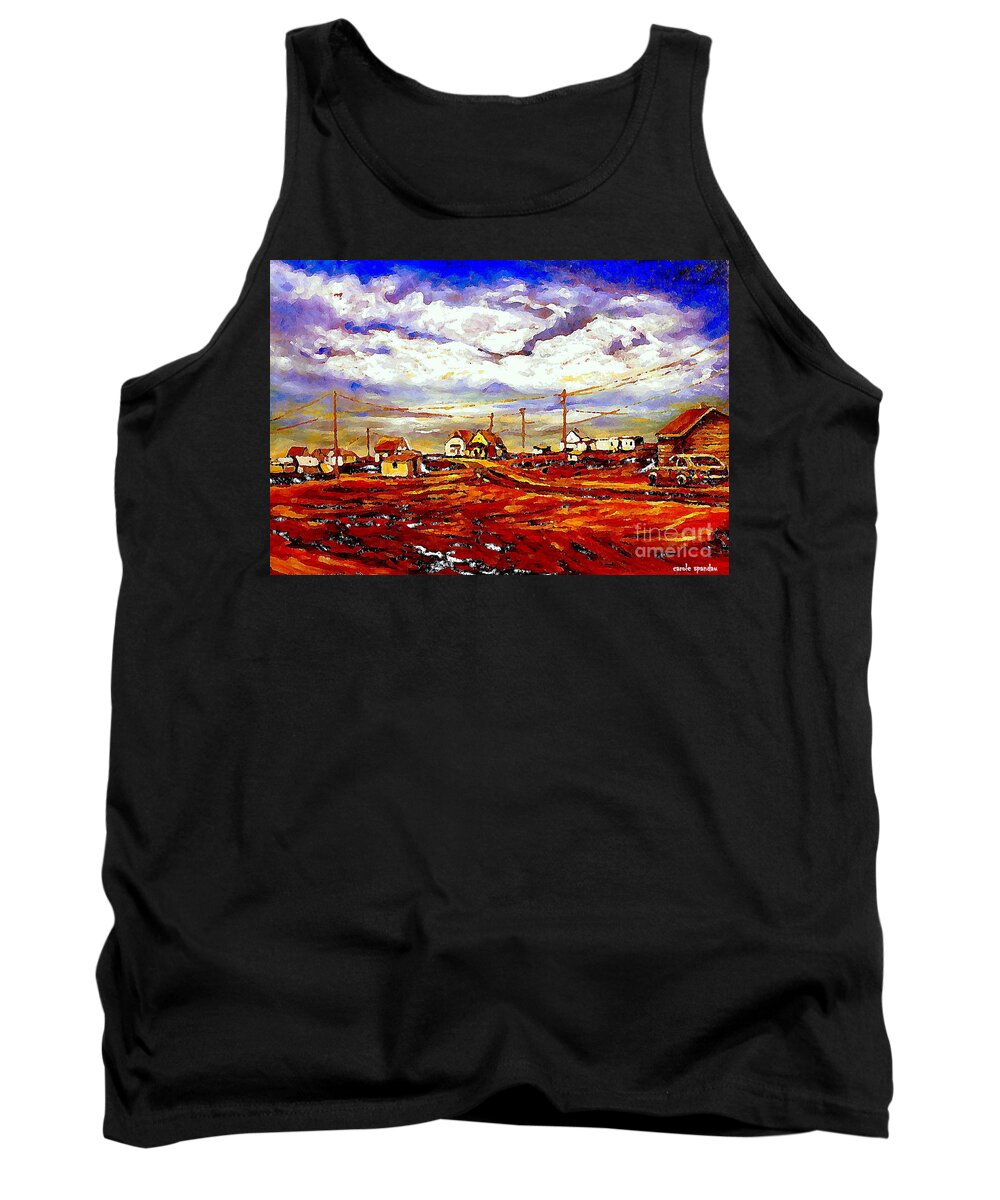 Quebec Artist Tank Top featuring the painting Christmas In The Prairies A Cozy Village Winter Scene Painting Carole Spandau Art by Carole Spandau