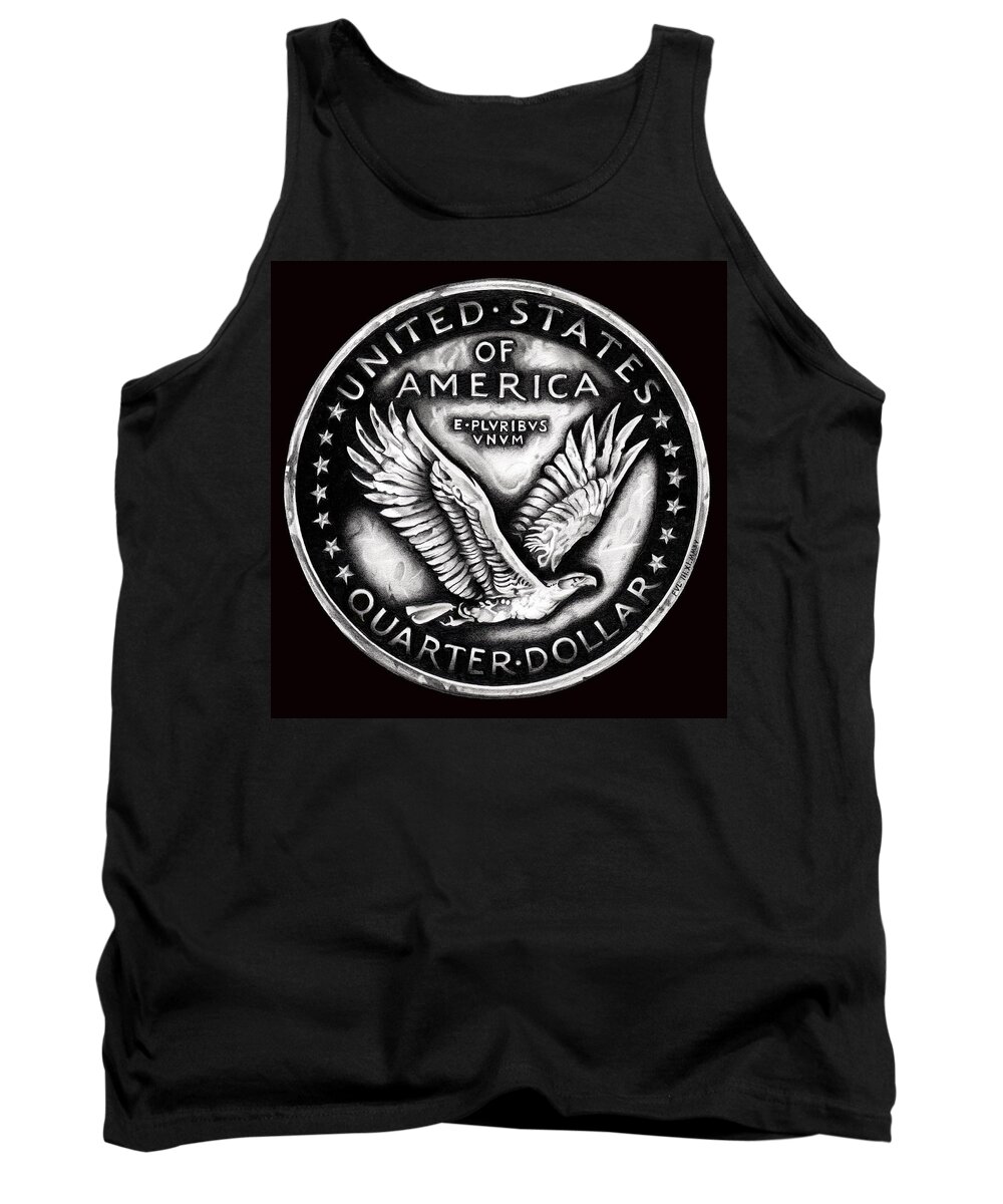 Coin Tank Top featuring the drawing Circulated Standing Liberty Reverse Black and White by Fred Larucci