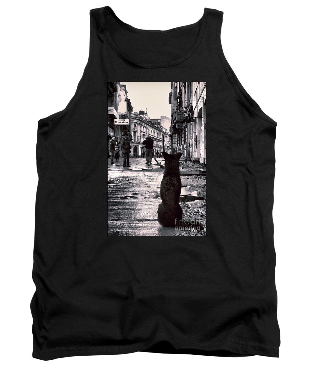 City Streets Waiting Dog Vintage Bucharest Old Town Street Canvas Tank Top featuring the photograph City streets and The Theory of Waiting by Daliana Pacuraru