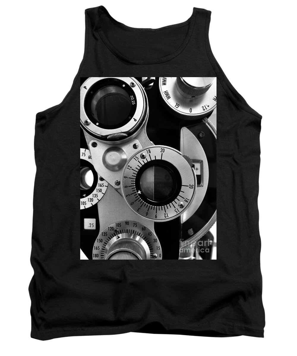 Black And White Tank Top featuring the photograph Closeup of a Phoropter Eye Examination Equipment by Amy Cicconi
