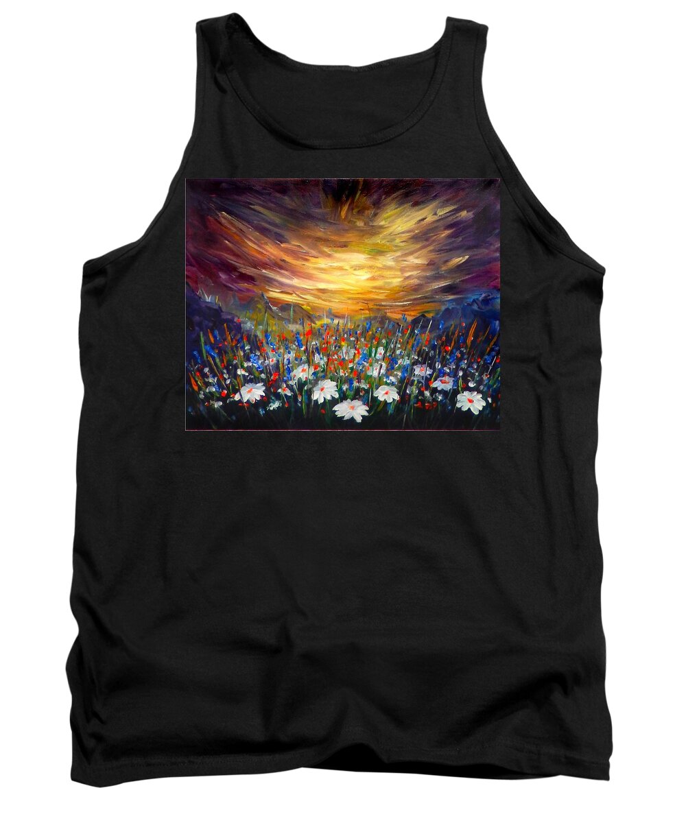 Original Art Tank Top featuring the painting Cloudy sunset in Valley by Lilia S