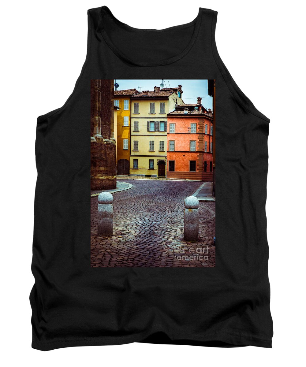 Cobbled Tank Top featuring the photograph Deserted street with colored houses in Parma Italy by Silvia Ganora