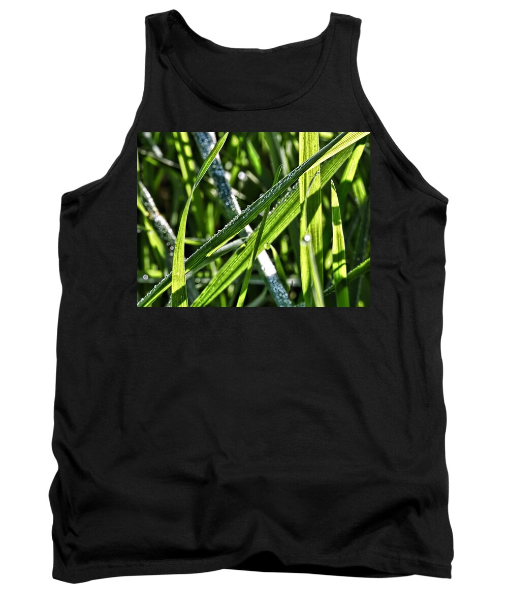Droplets Tank Top featuring the photograph Droplets on the green-Drplets on green leafs of seagrass in sunlight by Leif Sohlman