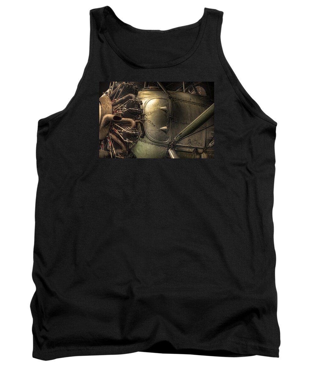Aircraft Tank Top featuring the photograph Radial Engine and fuselage detail - Radial engine aluminum fuselage vintage aircraft by Gary Heller