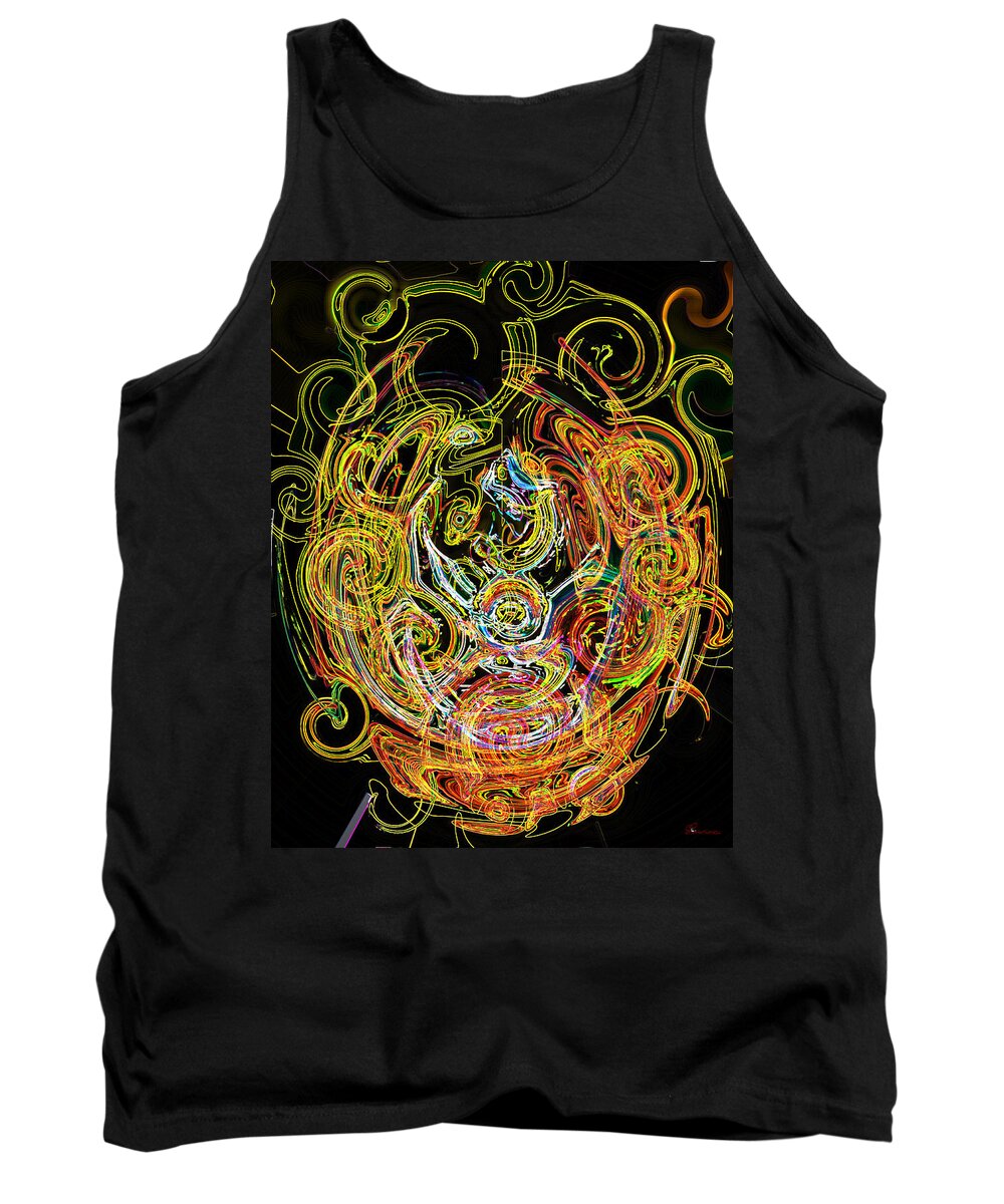 Gold Neon Abstract Faces Art Digital Rainbow Glowing Edges Circles Pink Tank Top featuring the digital art Faces of Life by Andrea Lawrence