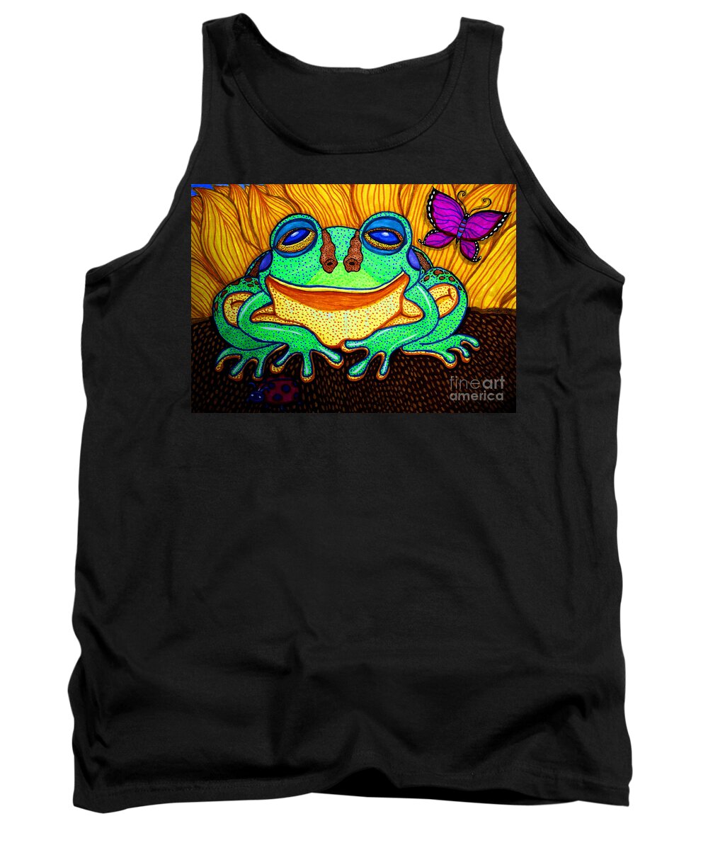 Frog Tank Top featuring the drawing Fat Green Frog on a Sunflower by Nick Gustafson
