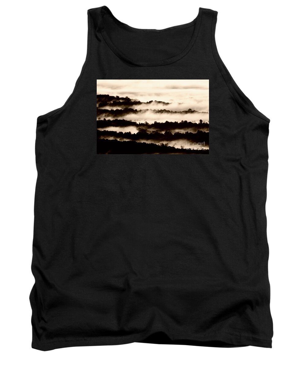 Trees Tank Top featuring the photograph Fog and Ridge Lines in Surry County North carolina by John Harmon