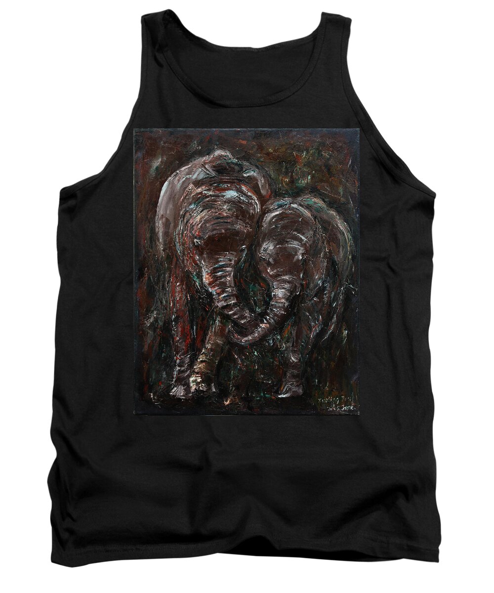 Elephants Tank Top featuring the painting Hand in Hand by Xueling Zou