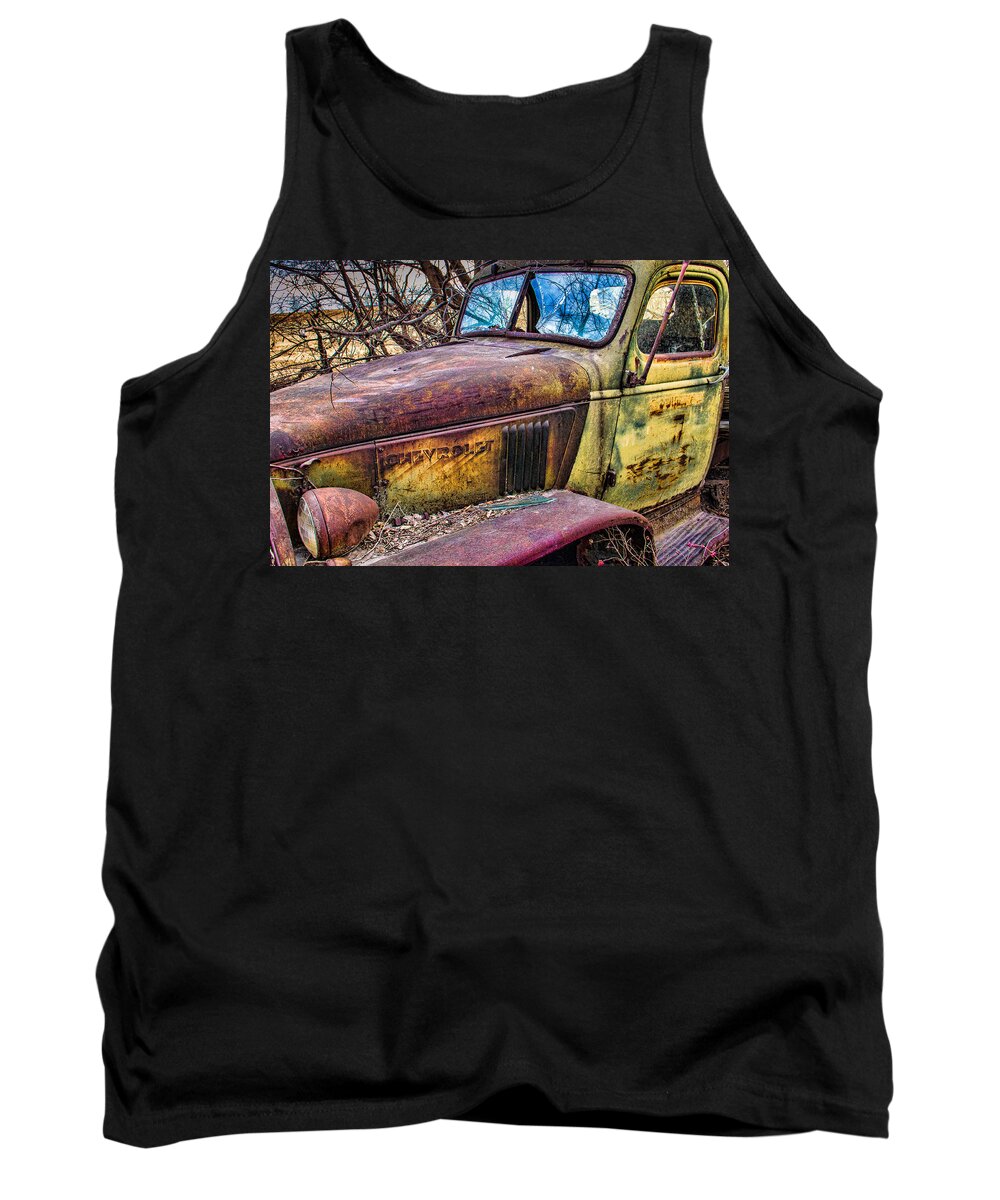 Steven Bateson Tank Top featuring the photograph Hedge Row Chevy Truck by Steven Bateson