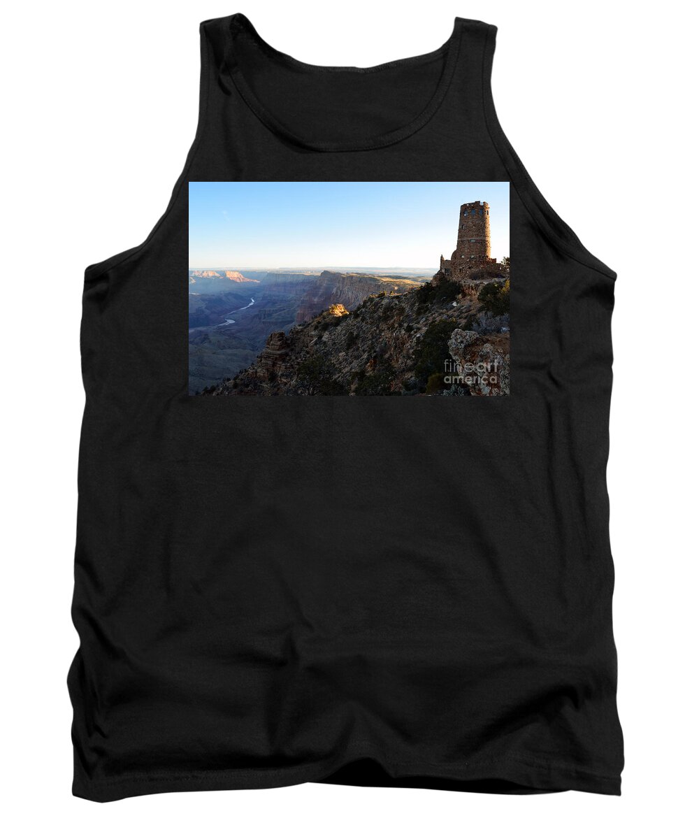 Travelpixpro Grand Canyon Tank Top featuring the photograph Iconic Desrt View Watchtower Overlooking Grand Canyon at Sunrise by Shawn O'Brien