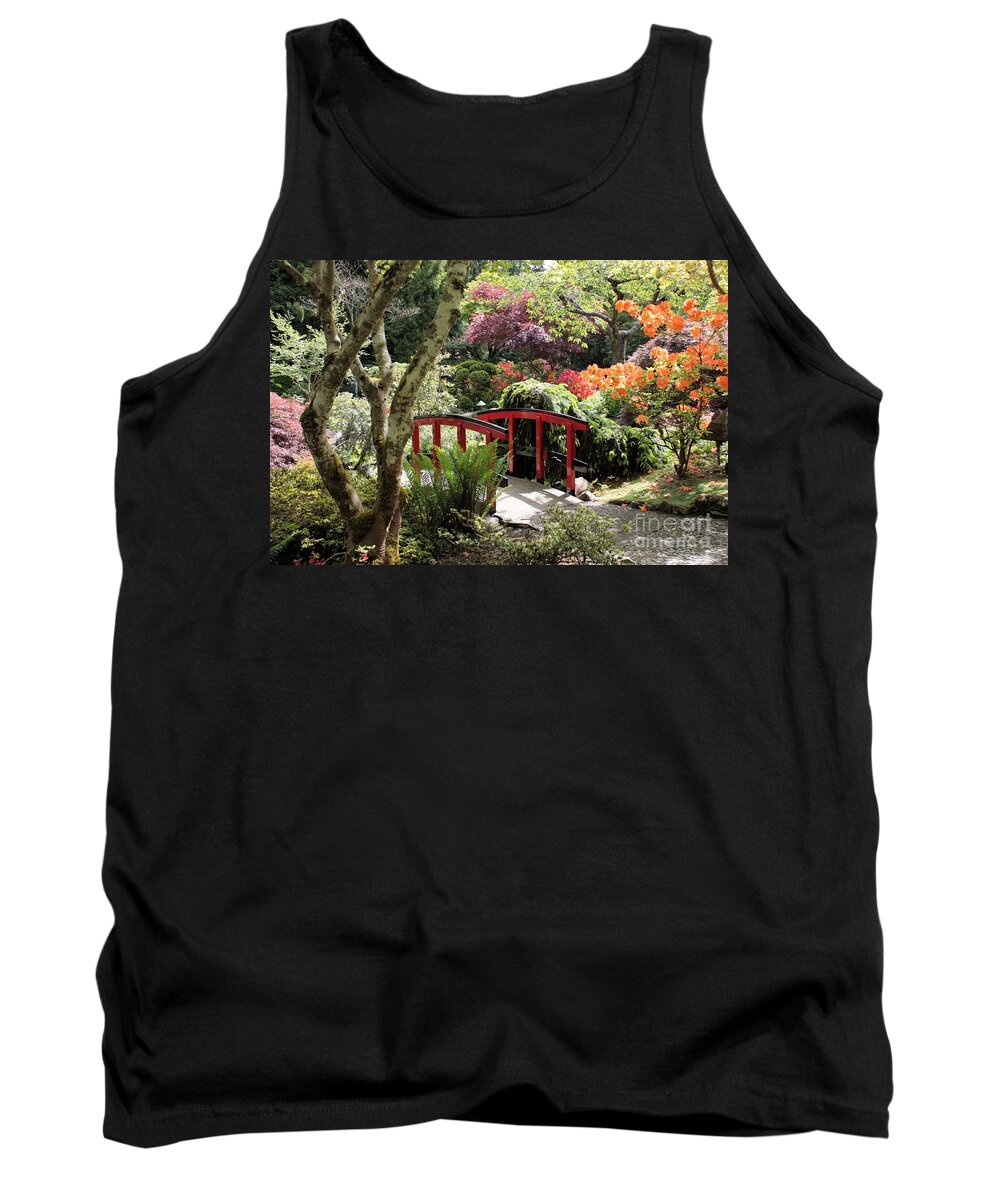 Japanese Garden Tank Top featuring the photograph Japanese Garden Bridge with Rhododendrons by Carol Groenen