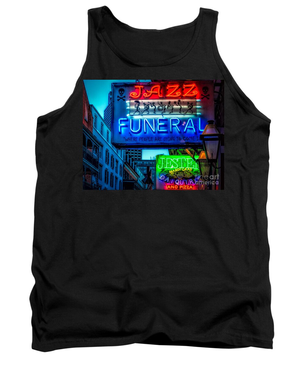 Signs Tank Top featuring the photograph Jazz Funeral and Jester on Bourbon St. by Kathleen K Parker