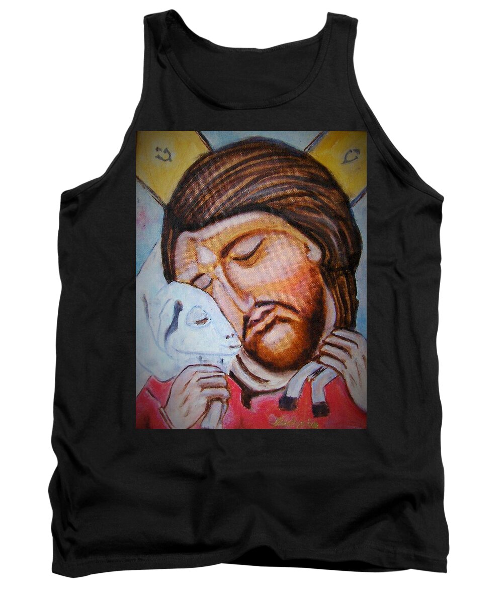 Art Tank Top featuring the painting Jesus With A Lamb by Ryszard Ludynia