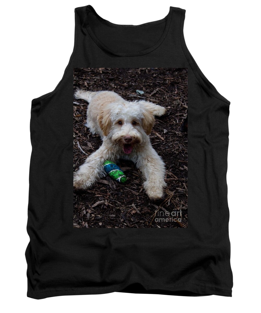 White Tank Top featuring the photograph Labradoodle at Play by Sandra Clark