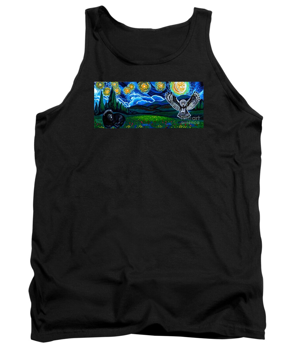 Lion Tank Top featuring the painting Lion And Owl On A Starry Night by Genevieve Esson