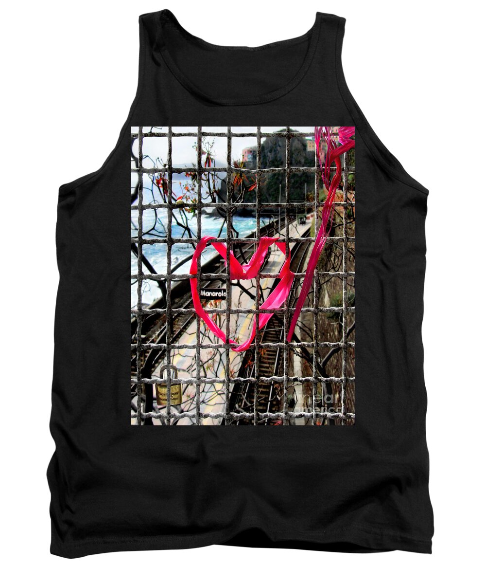 Manarola Tank Top featuring the photograph Lock and Love.Cinque Terre.Italy by Jennie Breeze