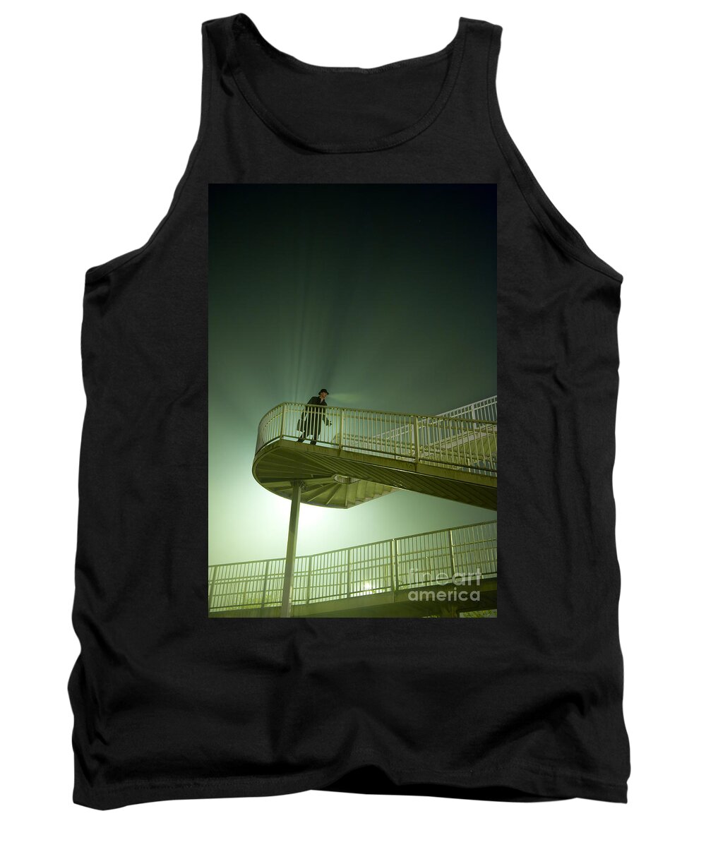 Man Tank Top featuring the photograph Man On Stairs With Case In Fog by Lee Avison