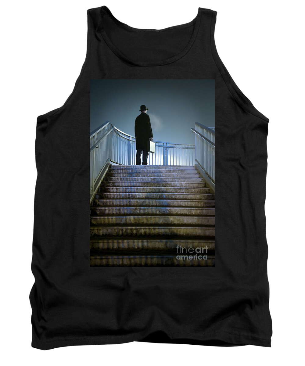 Man Tank Top featuring the photograph Man With Case At Night On Stairs by Lee Avison