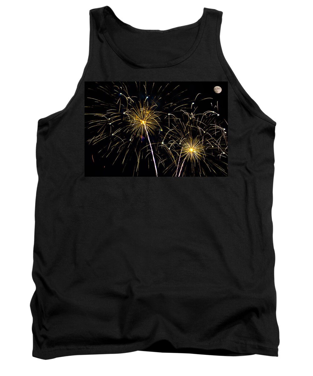 Fireworks Tank Top featuring the photograph Moon over Golden Starburst- July Fourth - Fireworks by Penny Lisowski