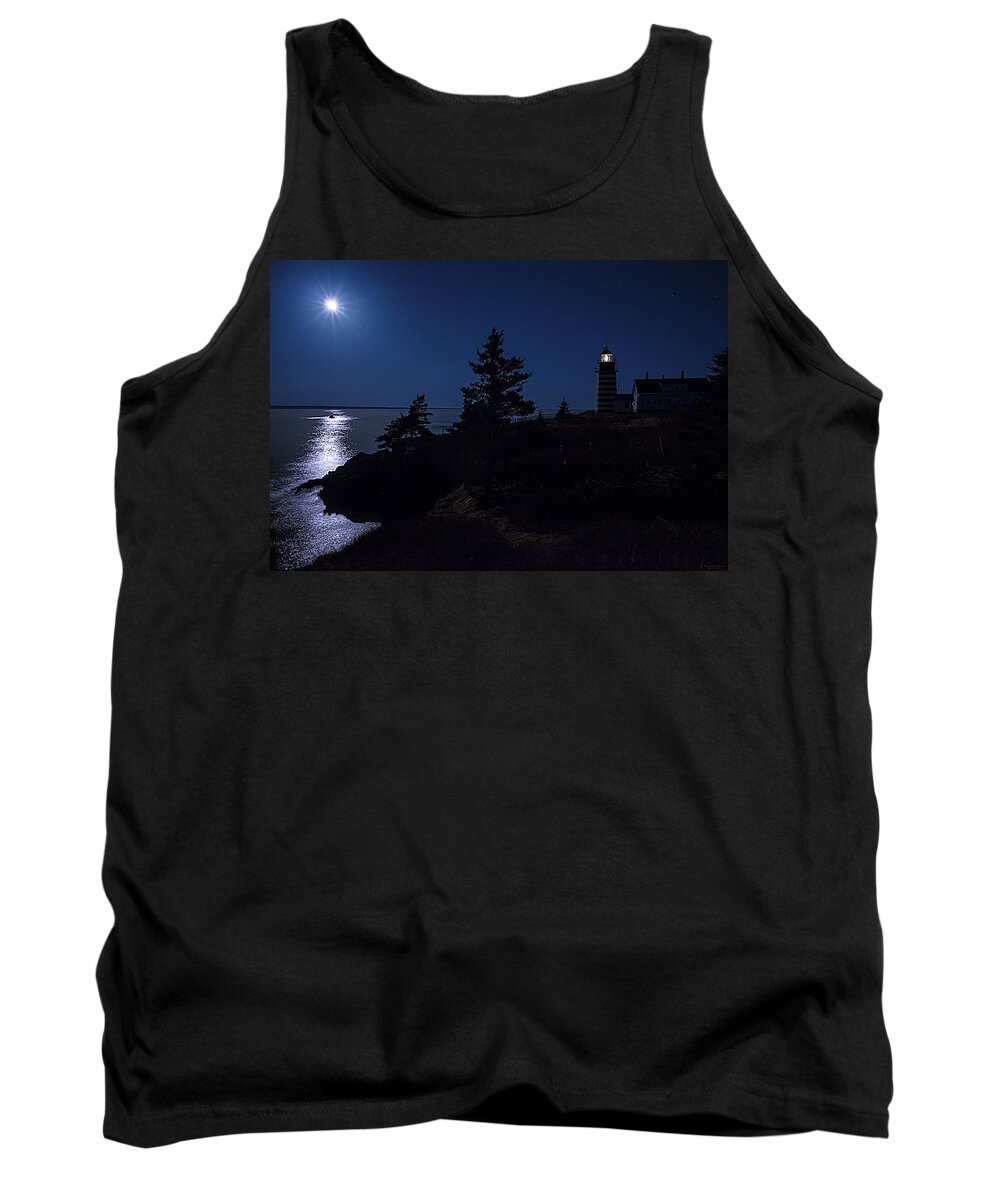 West Quoddy Head Lighthouse Tank Top featuring the photograph MoonLit Panorama West Quoddy Head Lighthouse by Marty Saccone