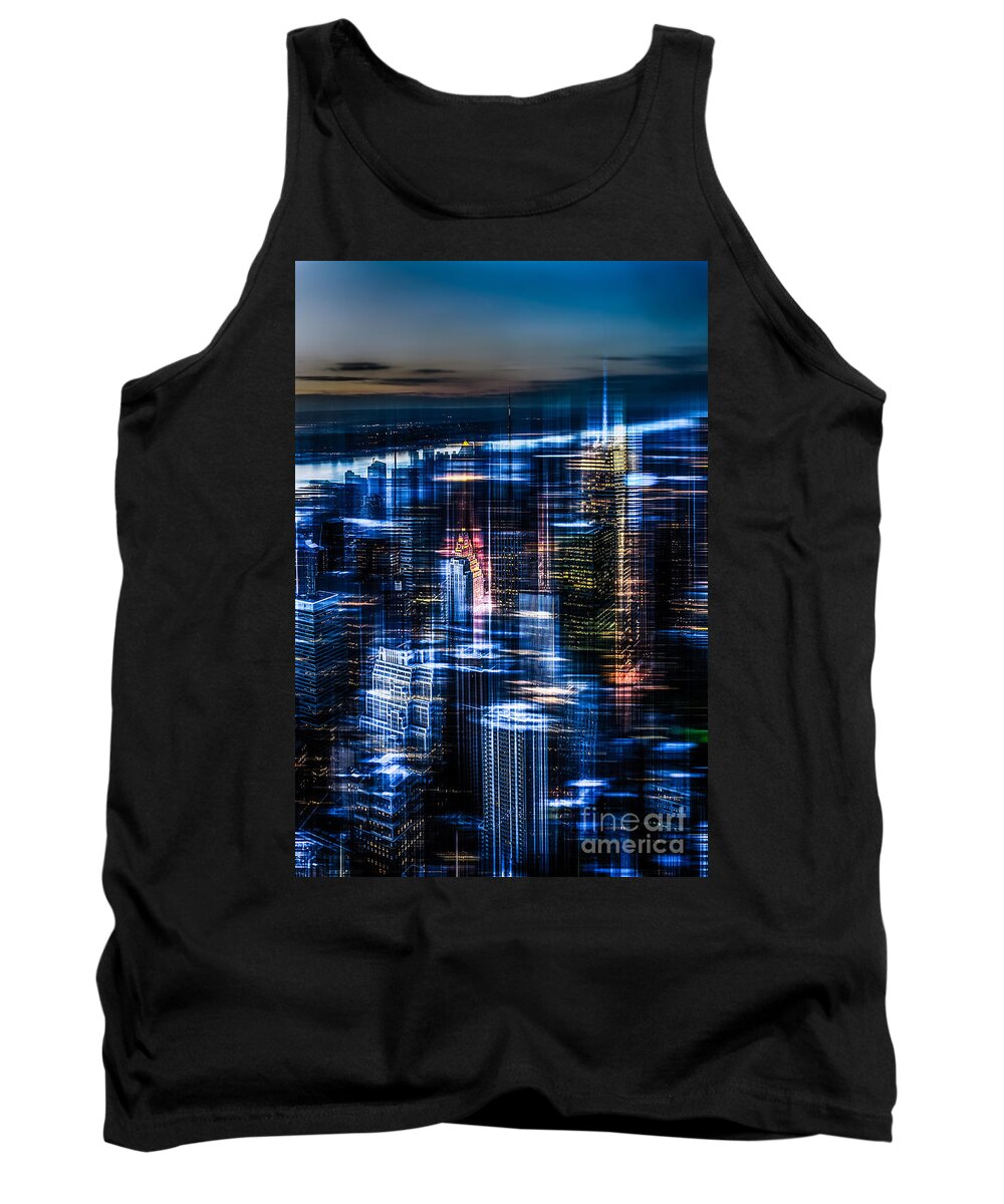 Nyc Tank Top featuring the photograph New York - the night awakes - blue I by Hannes Cmarits