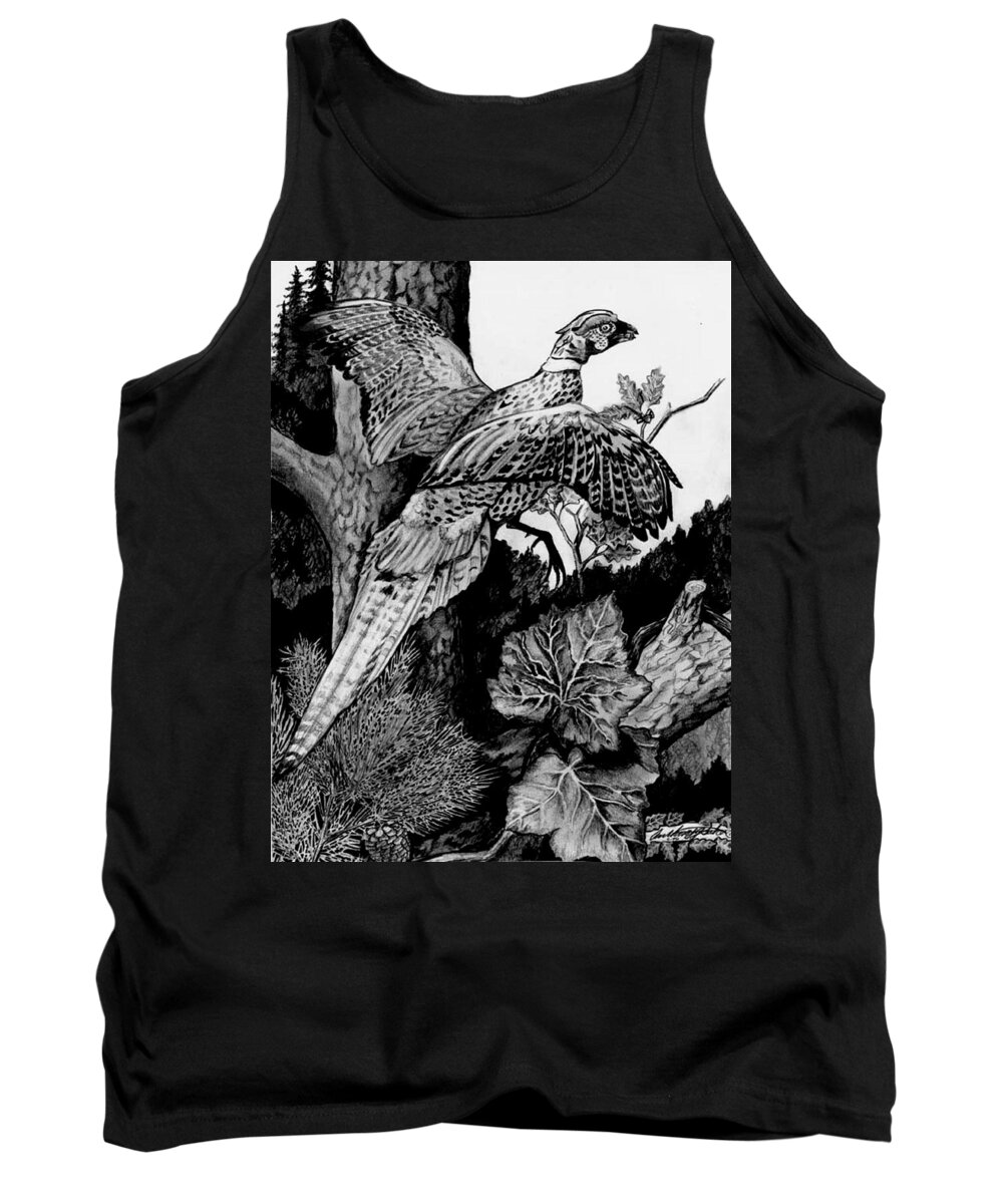 Pheasant Tank Top featuring the drawing Pheasant in Flight by Anthony Seeker