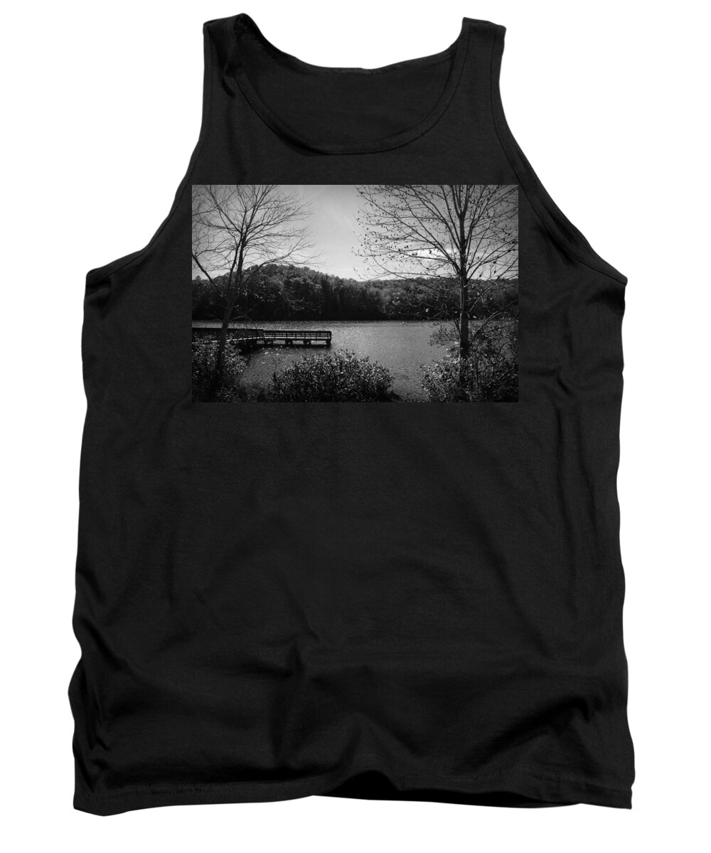 Kelly Hazel Tank Top featuring the photograph Pier at Table Rock in Black and White by Kelly Hazel