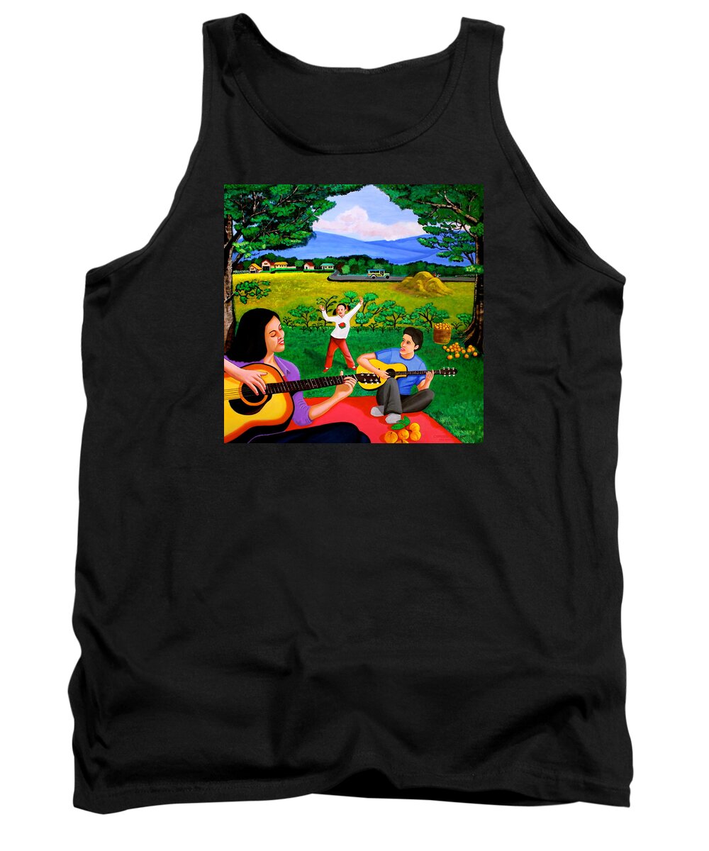Guitar Tank Top featuring the painting Playing Melodies Under the Shade of Trees by Cyril Maza