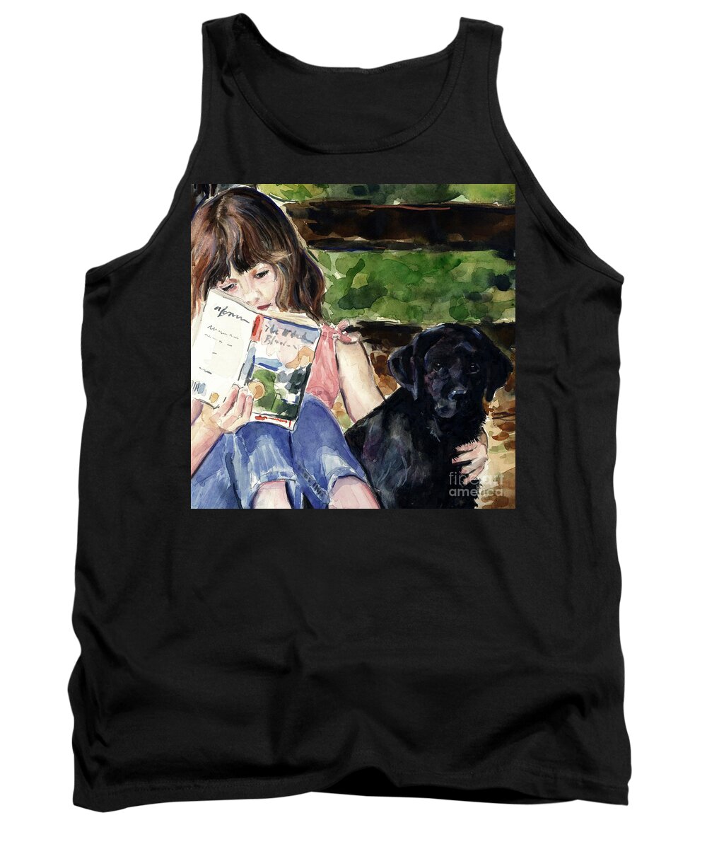Black Lab Puppy Tank Top featuring the painting Pup and Paperback by Molly Poole