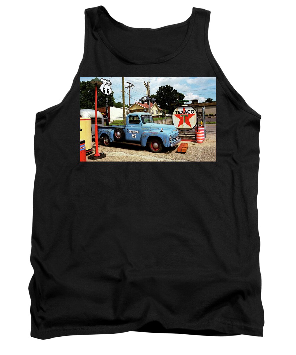 66 Tank Top featuring the photograph Route 66 - Gas Station with Watercolor Effect by Frank Romeo