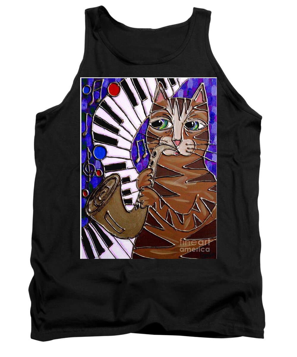 Cat Tank Top featuring the painting Sax Cat 2 by Cynthia Snyder