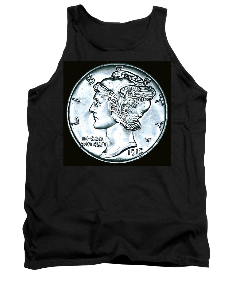 Coin Tank Top featuring the drawing Black Silver Mercury Dime by Fred Larucci